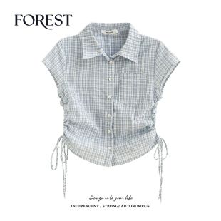 bm风美式 新款 复古辣妹短款 抽绳弧形格子短袖 上衣 拾野森 衬衫 秋装