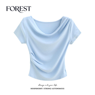 收褶荡领短袖 拾野森 BM风短款 新款 T恤女上衣小个子 夏装