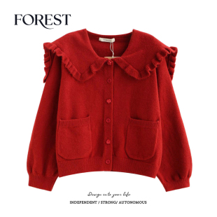 清仓 毛衣开衫 2件5折 少女口袋木耳边大翻领长袖 外套 不退不换