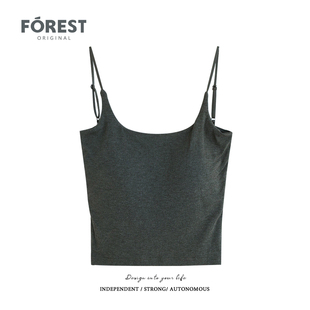 蕾丝后背U领吊带背心美背打底衫 拾野森 短款 新款 带胸垫 夏装