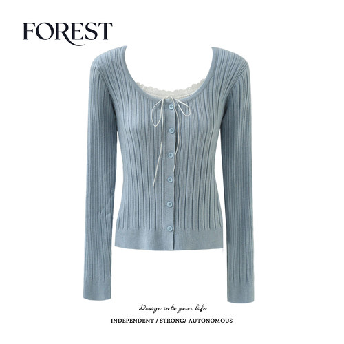 拾野森假两件蕾丝针织衫