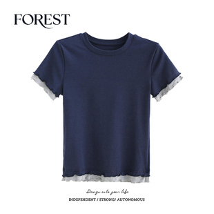 假两件拼接短袖 拾野森 纯欲甜辣短款 新款 圆领T恤女上衣 夏装