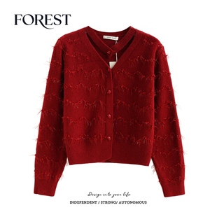 拾野森 冬装新款韩系短款亮丝爱心扣长袖挂脖V领毛衣开衫外套