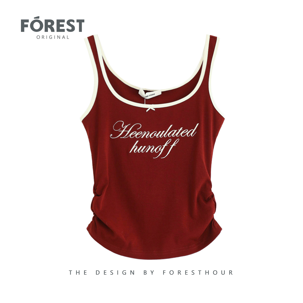 拾野森短款收字母褶刺绣背心