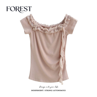 夏装 木耳边玫瑰花一字领短袖 新款 甜美短款 T恤上衣 法式 拾野森