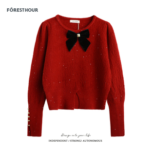 款 不退不换 2件5折 新年红色钉珠开叉蝴蝶结套头毛衣上衣 清仓