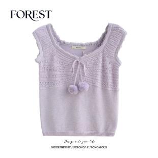 镂空麻花蕾丝花边毛球针织衫 拾野森 纯欲甜辣短款 新款 背心 夏装