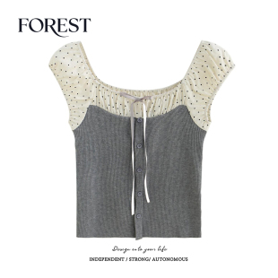 针织拼接波点一字领短袖 拾野森 纯欲甜辣短款 新款 上衣小个子 夏装