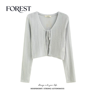 短款 仿麻包芯纱镂空长袖 针织衫 拾野森 防晒衫 新款 开衫 短外套 春装