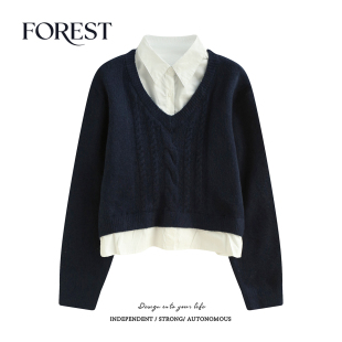 不退不换 2件5折 风短款 假两件长袖 上衣 麻花V领毛衣衬衫 清仓