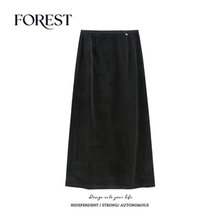 拾野森 冬装新款韩系高腰显瘦中长款丝绒加绒半身裙A字裙长裙