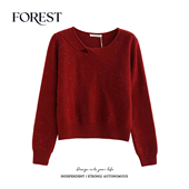 冬装 新款 新年温柔短款 拾野森 亮丝扭结镂空长袖 圆领套头毛衣上衣