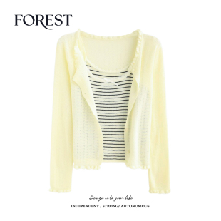 针织开衫 拾野森春装 条纹蕾丝花边吊带背心长袖 韩系短款 两件套 新款