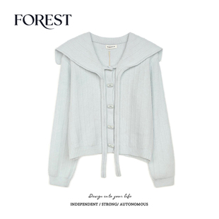 拾野森 冬装新款韩系慵懒风宽松短款方扣绑带海军领长袖毛衣开衫