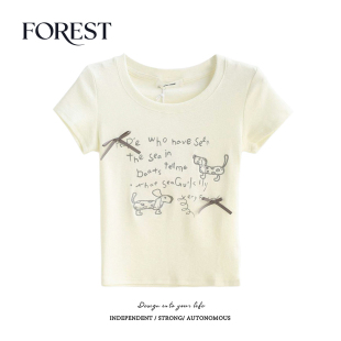 狗狗刺绣印花蝴蝶结短袖 拾野森 bm风短款 新款 圆领T恤女上衣 夏装