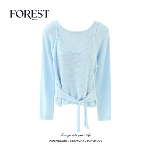 清仓 圆领针织衫 2件5折 假两件吊带背心绑带长袖 上衣 不退不换