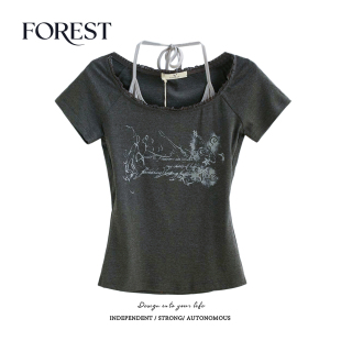 夏装 假两件印花蕾丝花边挂脖短袖 新款 复古辣妹短款 T恤 美式 拾野森