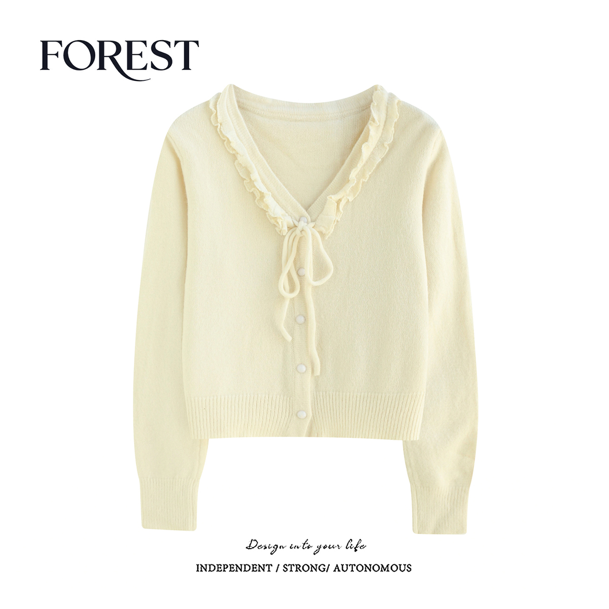 拾野森短款木耳边V领毛衣开衫