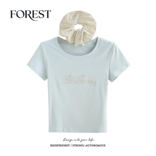 字母刺绣圆领短袖 拾野森 bm风短款 新款 T恤上衣波点头花小个子 夏装