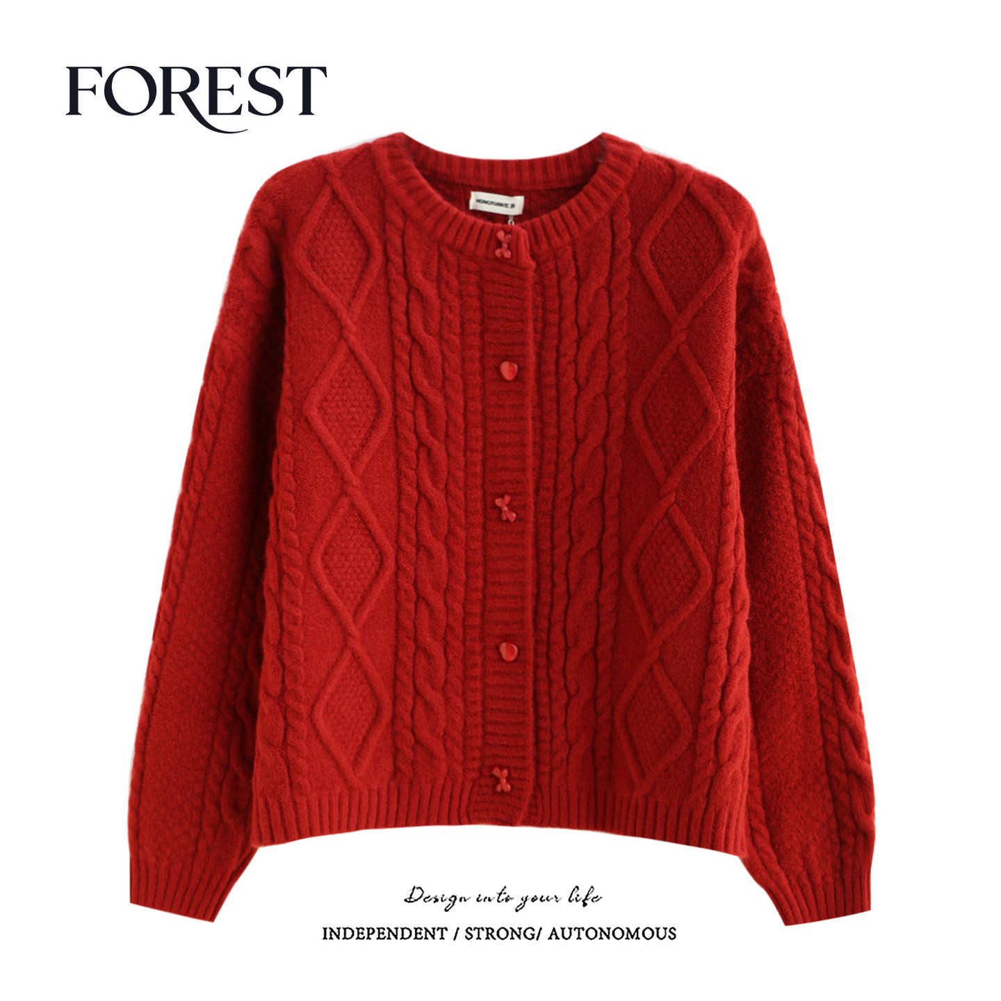 拾野森 冬装新款韩系加厚麻花蝴蝶结扣长袖圆领毛衣开衫外套