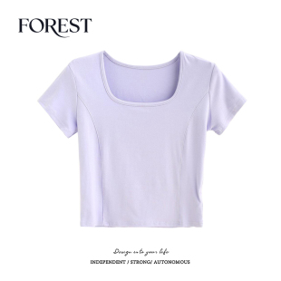 夏装 方领T恤女上衣打底衫 新款 鱼骨收腰短袖 BM风短款 拾野森