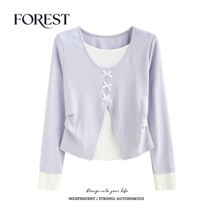 拾野森 春装新款韩系甜美短款假两件收褶蝴蝶结长袖U领T恤女上衣
