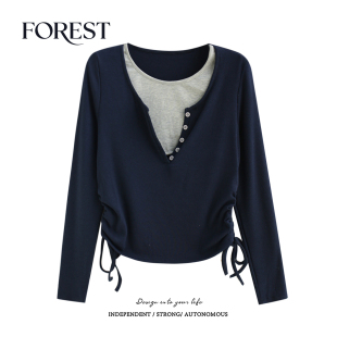 假两件抽绳低V长袖 拾野森 韩系复古短款 新款 圆领T恤女上衣 春装