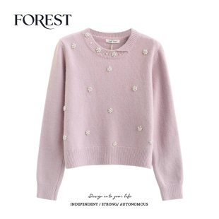 清仓 亮丝珍珠雪花长袖 2件5折 款 设计感圆领套头毛衣 不退不换