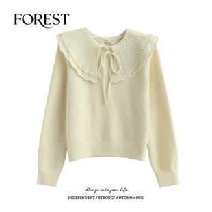 温柔慵懒风系绳荷叶领花边长袖 拾野森 韩版 新款 套头毛衣 冬装