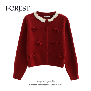 新款 毛衣开衫 韩版 蝴蝶结蕾丝花边圆领长袖 外套 温柔短款 拾野森冬装