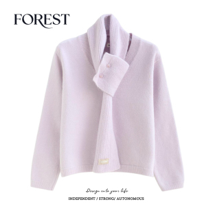 冬装 V领套头毛衣上衣 新款 温柔加厚长袖 围巾 韩版 拾野森