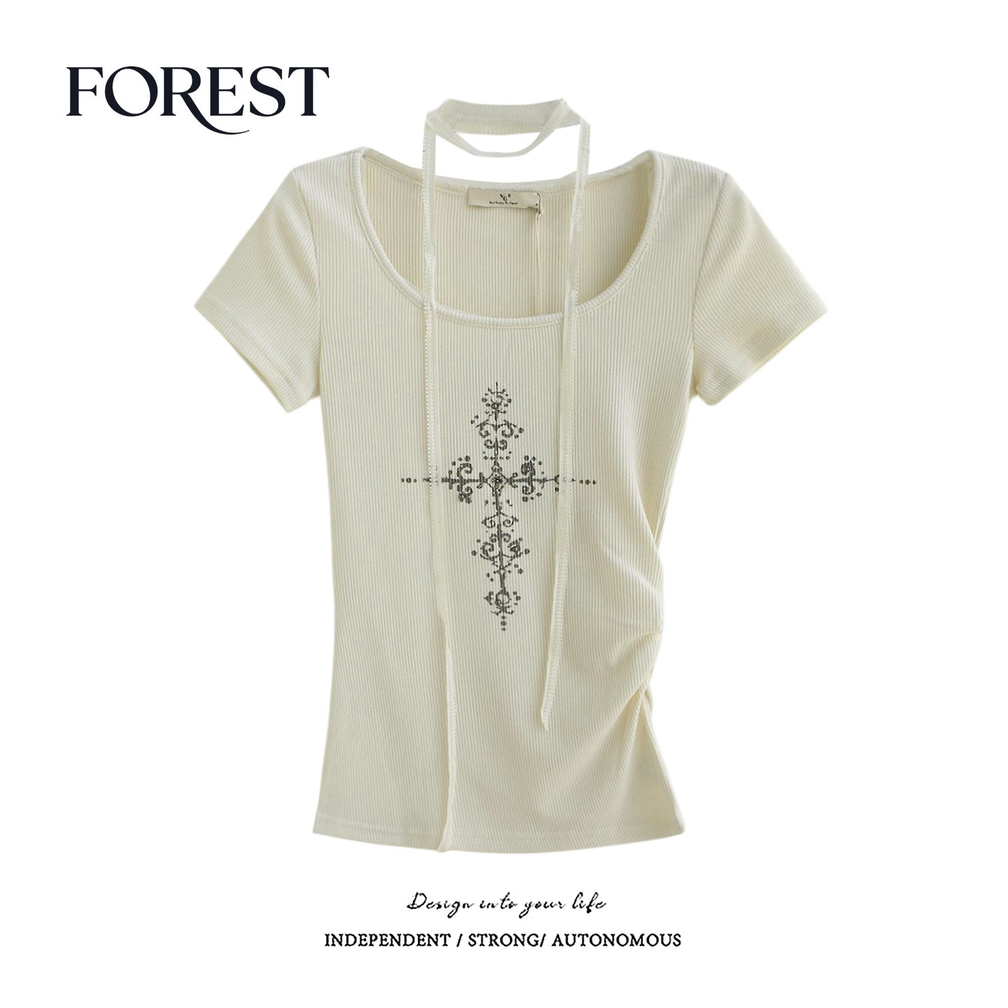 拾野森 夏装新款美式复古辣妹收褶钉珠印花蕾丝围脖短袖T恤上衣