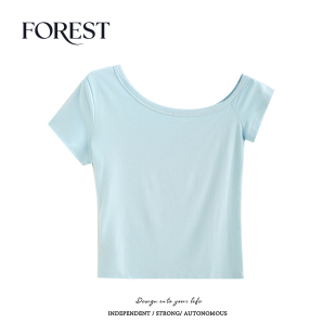 夏装 T恤女上衣打底衫 新款 斜领短袖 小个子 BM风短款 拾野森