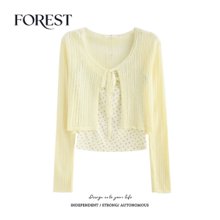 春装 针织蕾丝系绳开衫 新款 碎花木耳边吊带背心长袖 短款 拾野森