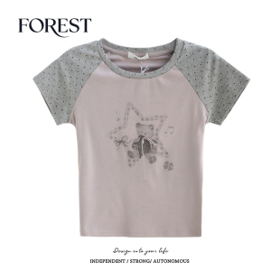 夏装 波点插肩袖 新款 短款 小熊印花蝴蝶结圆领T恤 bm风美式 拾野森