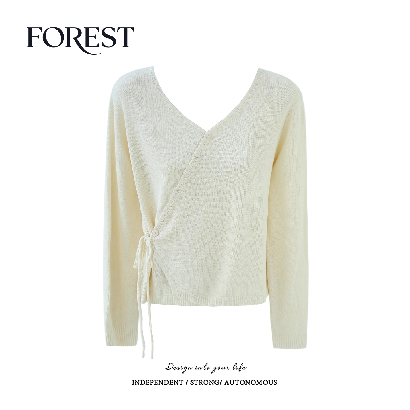 拾野森短款抽绳斜扣V领针织衫