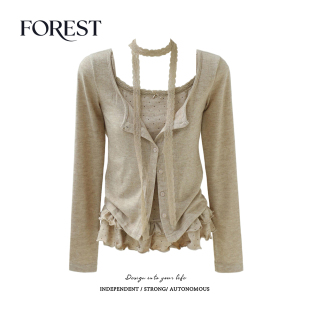 开衫 拾野森 纯欲甜辣波点吊带背心蕾丝围脖长袖 新款 两件套 秋装