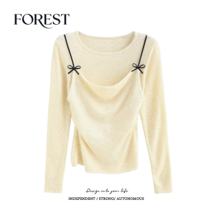 圆领针织衫 拾野森 韩系甜美假两件吊带蝴蝶结长袖 新款 女上衣 春装