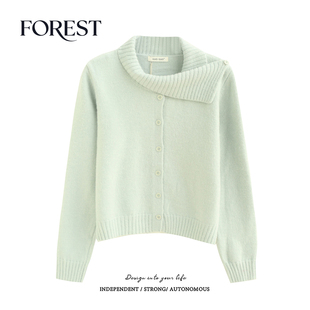 韩版 新款 温柔短款 设计感围脖扣长袖 外套 拾野森 毛衣开衫 冬装