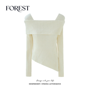 不退不换 2件5折 温柔短款 斜下摆长袖 女上衣 一字领针织衫 清仓