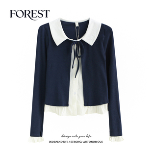 拾野森 春装新款韩版甜美短款假两件系绳翻领长袖衬衫女上衣