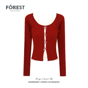 假两件蕾丝蝴蝶结挂脖长袖 拾野森 纯欲甜辣短款 新款 上衣T恤 秋装