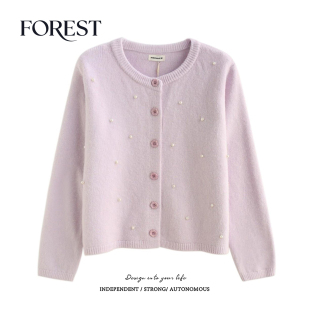 冬装 外套 新款 圆领毛衣开衫 包包 韩系加厚珍珠小花扣长袖 拾野森