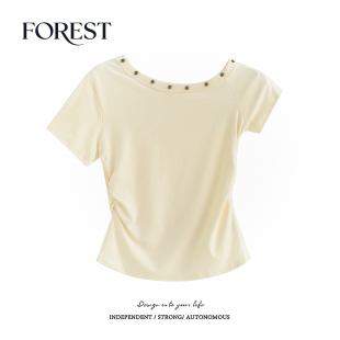 夏装 收褶钉珠斜领短袖 新款 复古辣妹短款 T恤女上衣 美式 拾野森