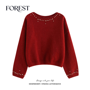 冬装 珍珠斜领长袖 新款 温柔亮丝蝙蝠袖 套头毛衣上衣 韩版 拾野森