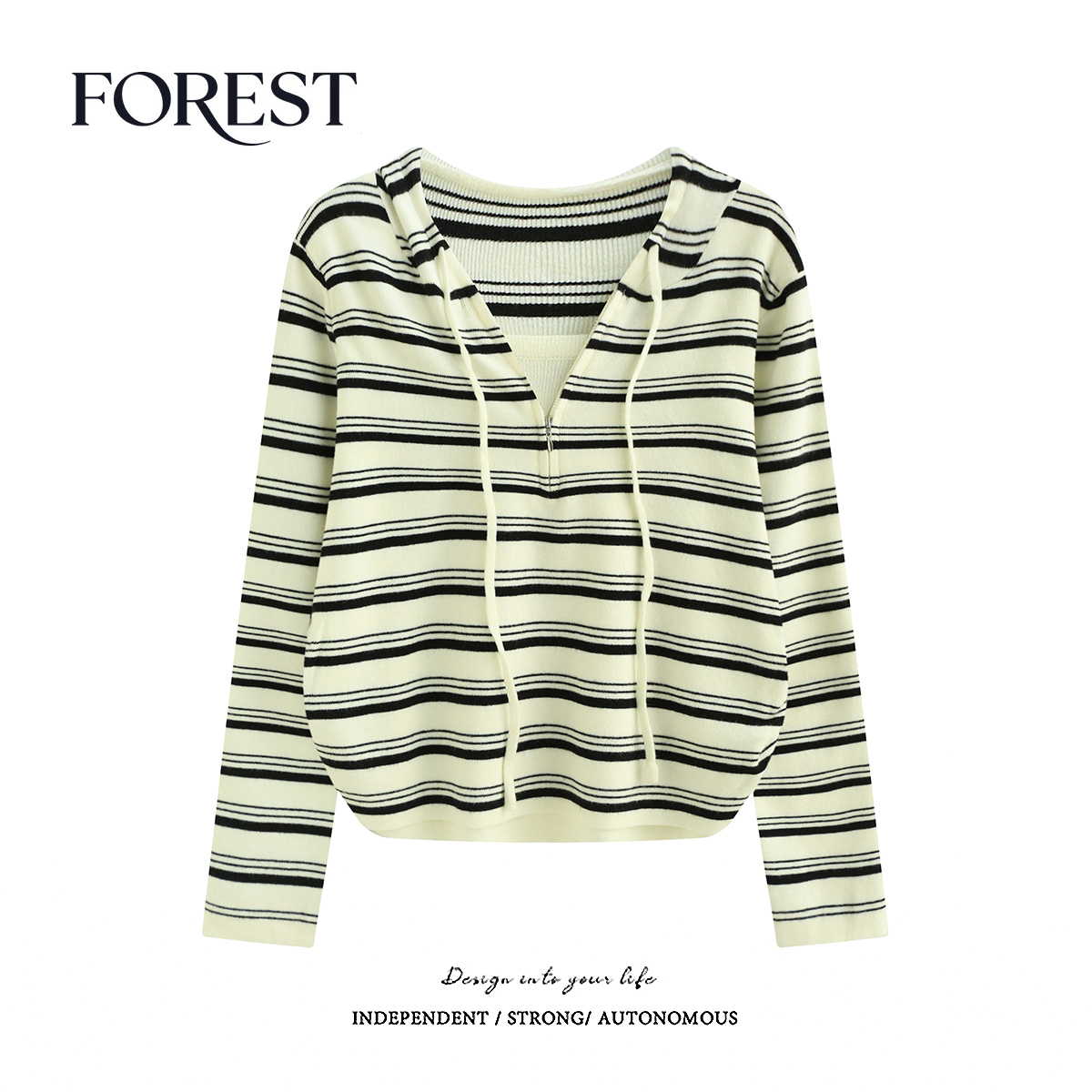 拾野森假两件条纹连帽针织衫