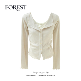 收腰假两件蕾丝花边翻领长袖 拾野森 纯欲甜辣短款 新款 上衣T恤 秋装