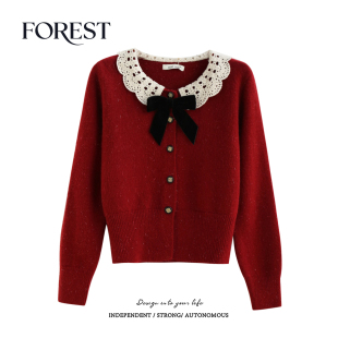 韩版 新款 短款 亮丝蕾丝娃娃领蝴蝶结长袖 外套 拾野森 毛衣开衫 冬装