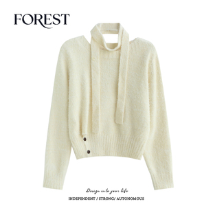 温柔水貂毛侧扣飘带围脖长袖 拾野森 韩版 新款 圆领套头毛衣 冬装