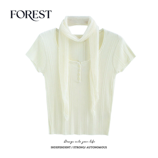 针织衫 拾野森 纯欲甜辣单排扣卷边U领网纱围脖短袖 新款 上衣 夏装